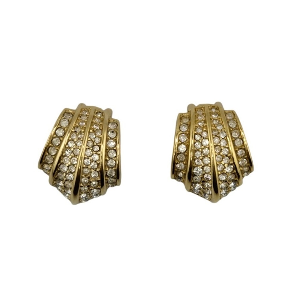 Christian Dior Vintage Gold Tone Crystal Ribbed Shell Clip On Earrings Signed